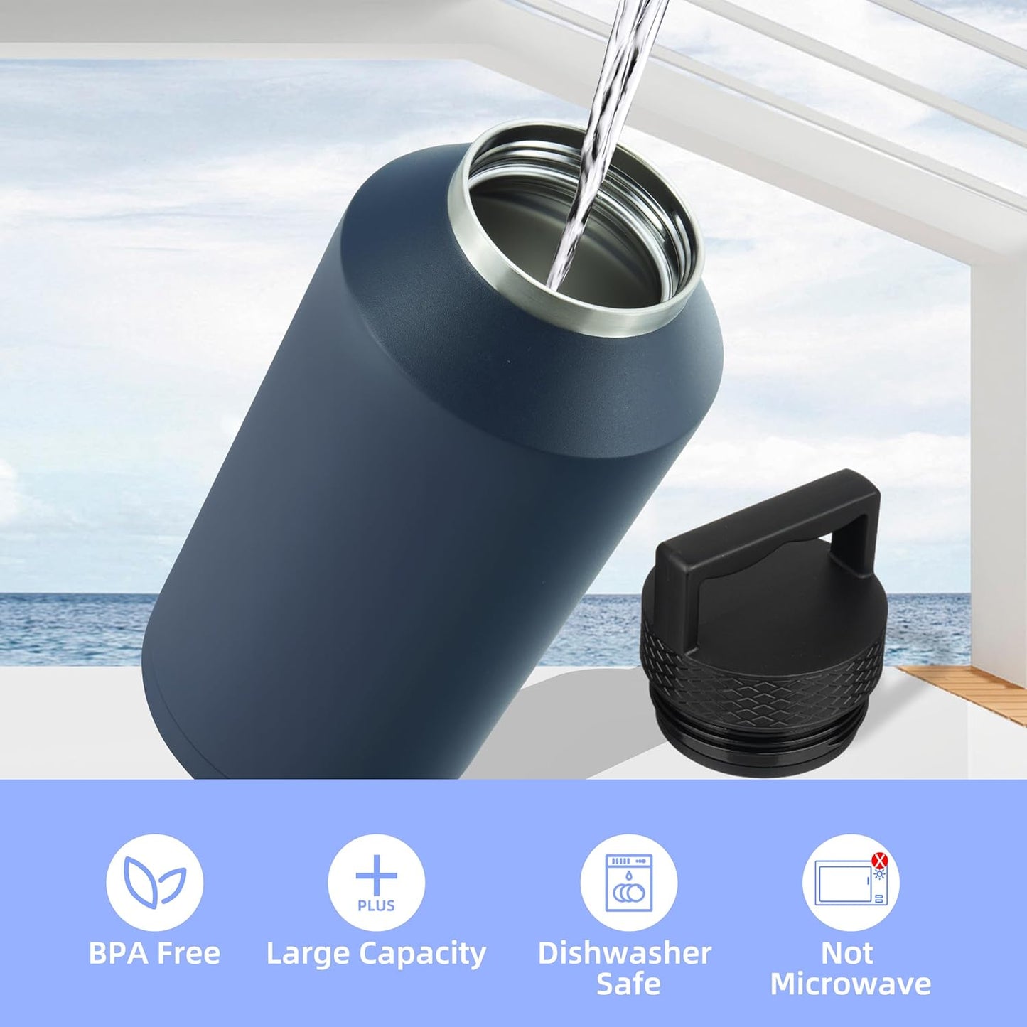 BJPKPK Half Gallon Water Bottle Insulated, Dishwasher Safe 64 oz Water Bottle with Handle, Leakproof BPA Free Water Jug, Large Stainless Steel Water Bottle for Sports, Brick Red