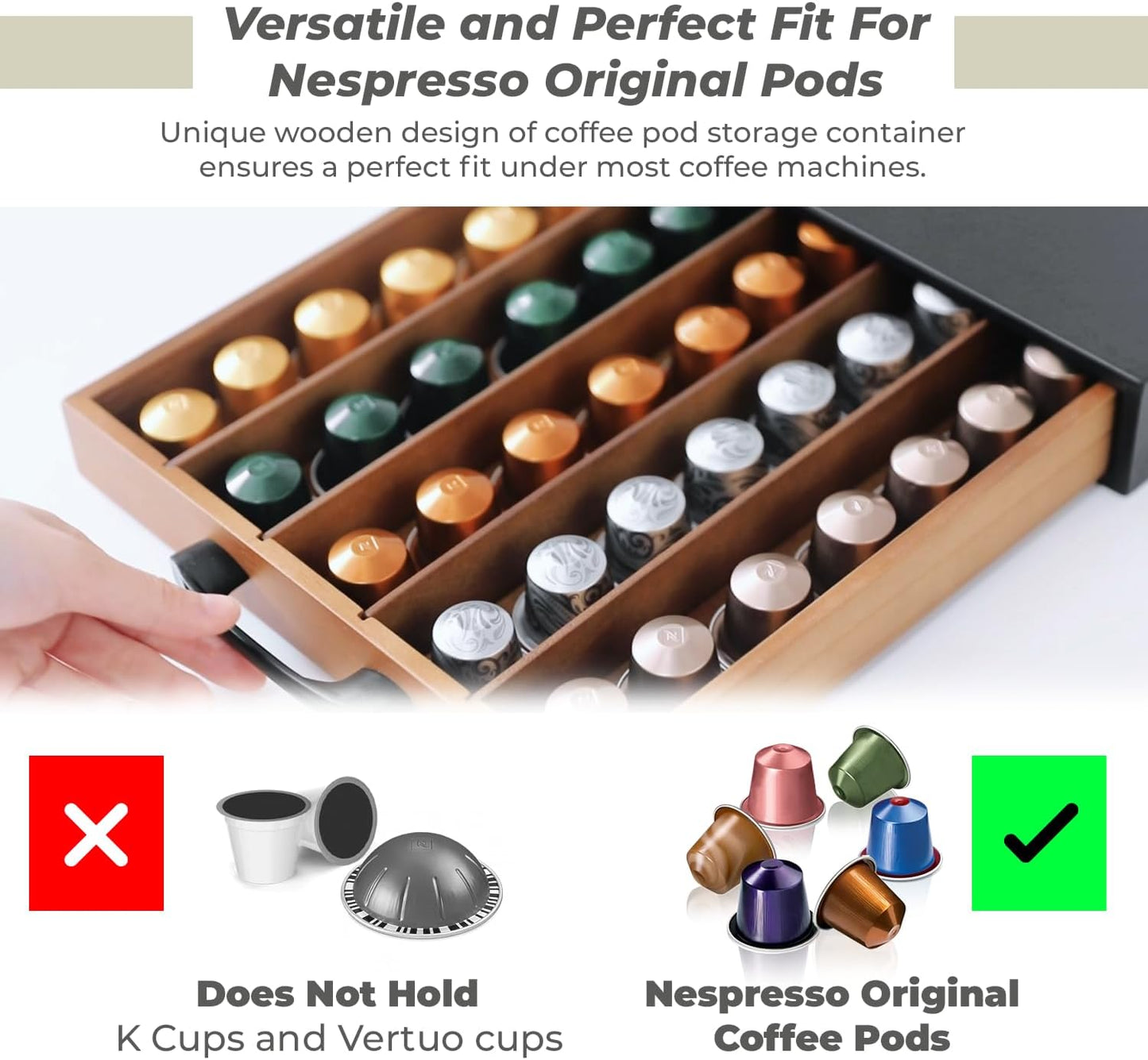 Coffee Pod Holder Compatible with Nespresso OriginalLine Capsules – 50-Pod Acacia Wood Drawer Organizer with Anti-Slip Base – Space-Saving Coffee Capsule Storage for Espresso Stations & Countertops