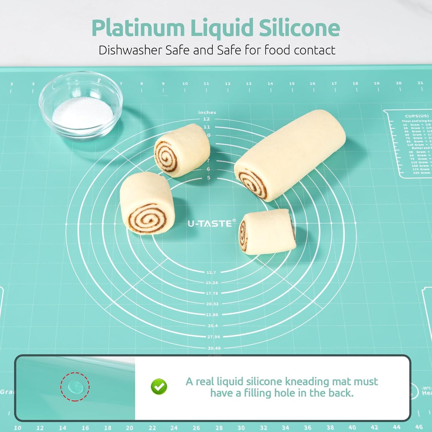 U-Taste 28"x20" Large Pastry Mat: Food-Grade Liquid Silicone Dough Rolling Baking Sheet, Non-Stick Non-Slip for Kneading, Making Pizza, Fondant, Pie with Clear Measurement and Raised Edges (Aqua Sky)