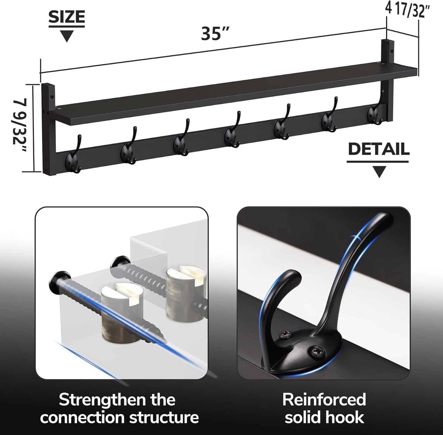 BAMEOS 35 Inch Wall Hooks With Shelf - Entryway Hanging Wood Coat Rack With 7 Dual Hooks for Bathroom, Living Room, Bedroom (Black)