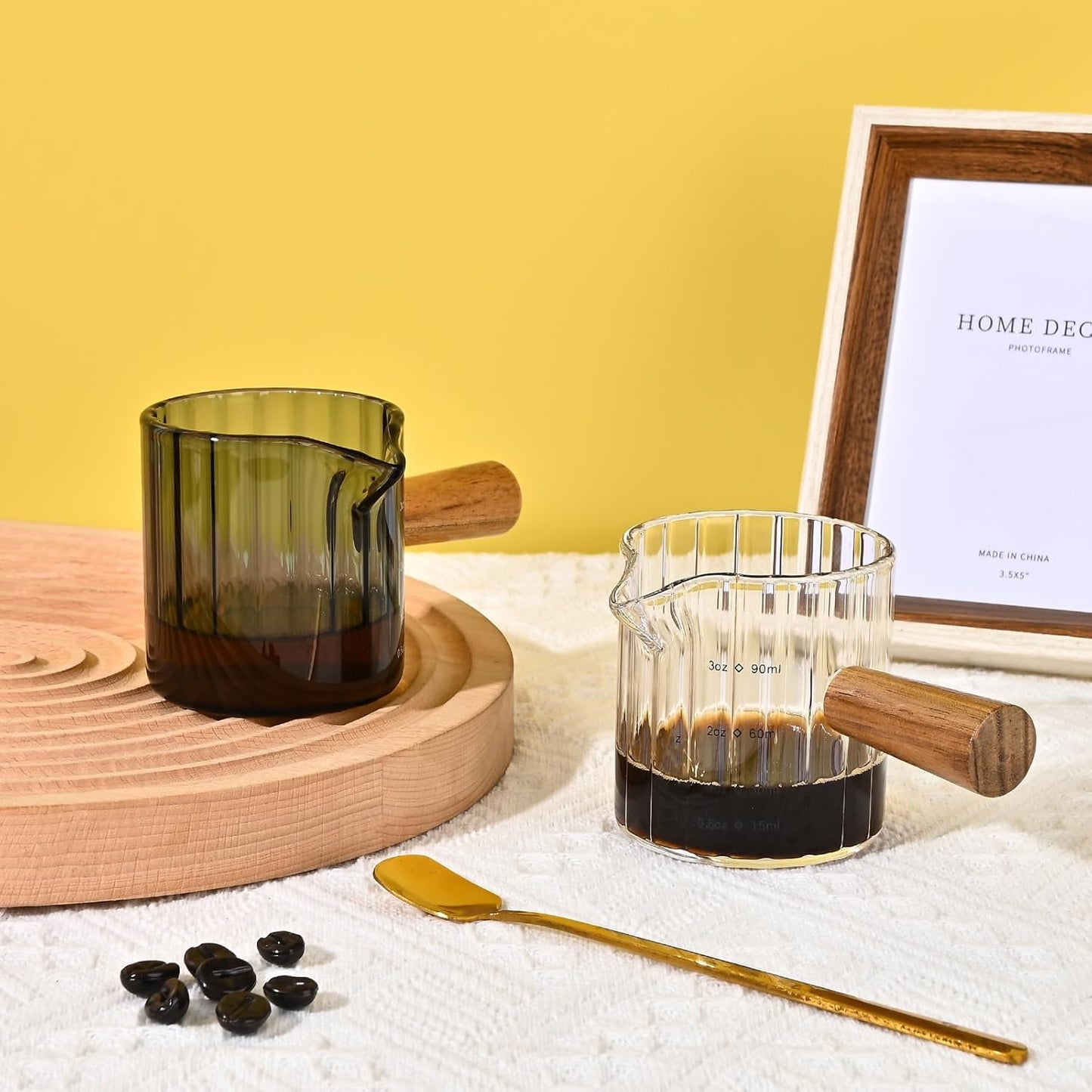 Glass Measuring Cup, 3oz Espresso Shot Glass with Wood Handle, Single Spout Measuring Cups Pitcher Milk Cup Coffee Shot Glasses (Gray Ribbed)