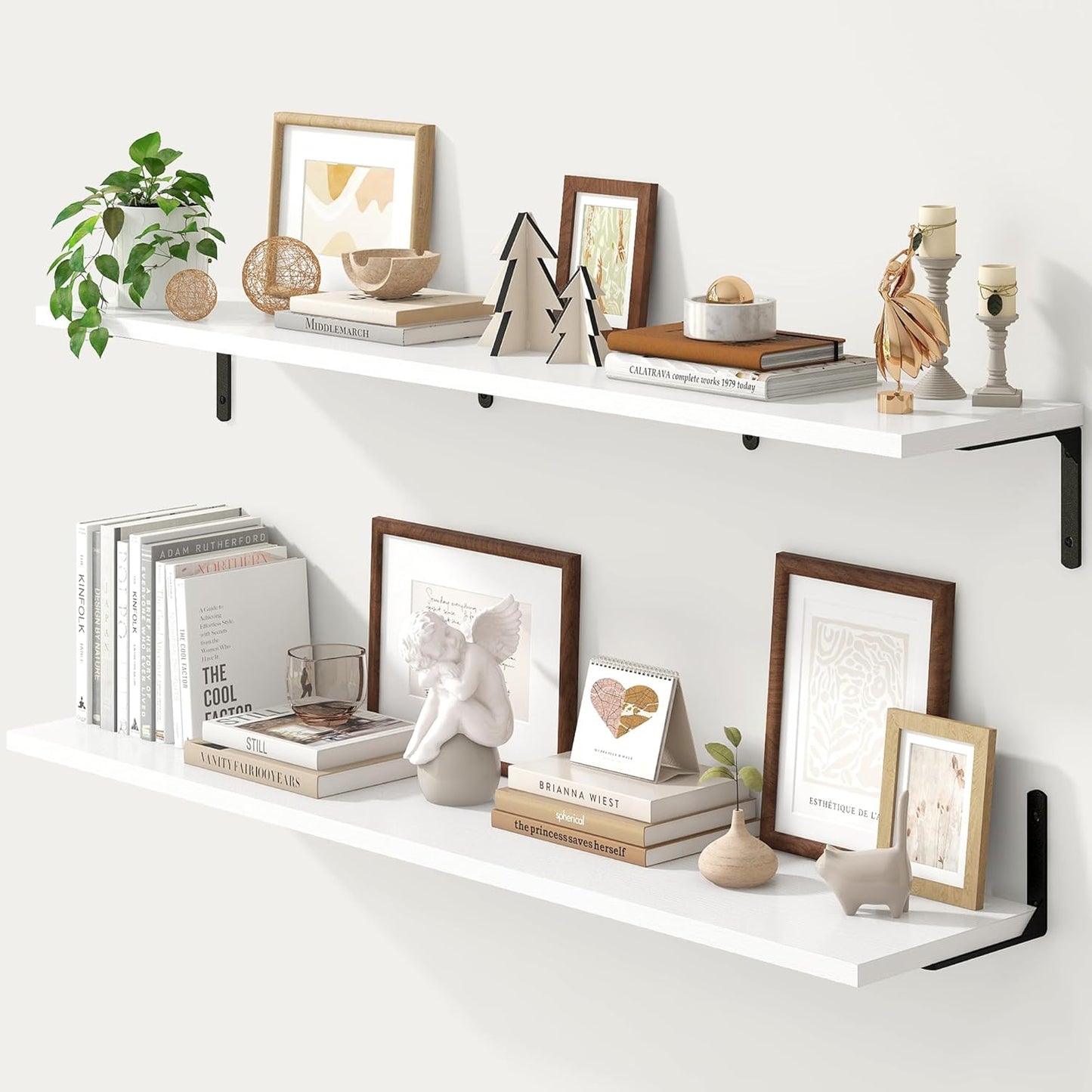 Fun Memories Deep Floating Shelves, 48W x 8D Floating Shelves Set of 2, Wall Mounted Shelf with Metal Brackets, Rustic Wood Wall Shelf for Bathroom, Kitchen and Living Room, White