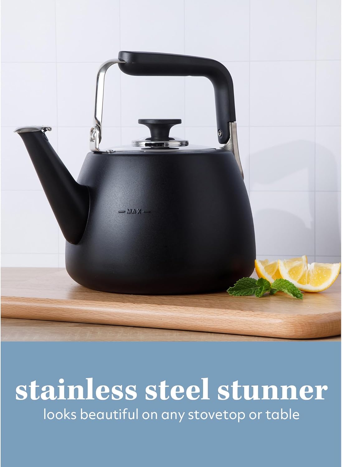 Sur La Table Kitchen Essentials Large 2 QT Heavy Gauge Stainless Steel Whistling Tea Kettle - Matte Black