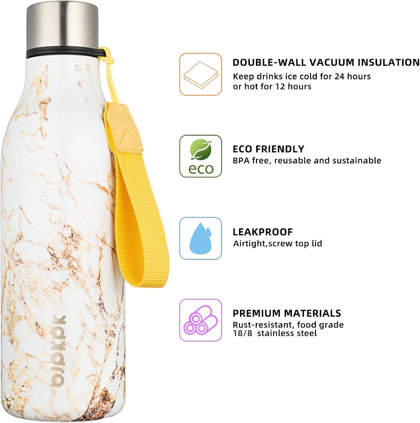 BJPKPK Insulated Water Bottles, 18 oz Stainless Steel Metal Water Bottle with Strap, BPA Free Leak Proof Thermos, Mugs, Flasks, Reusable Water Bottle for Sports & Travel, Marble-Amber