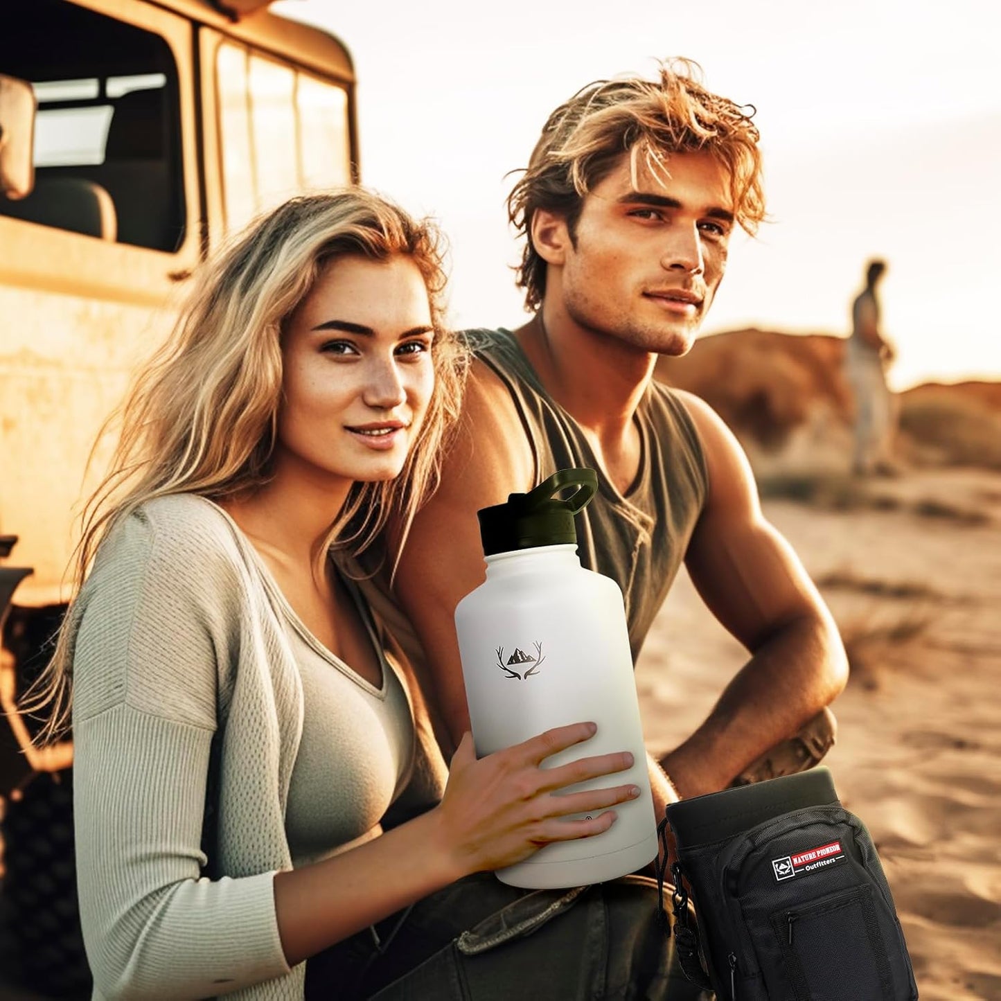 NATURE PIONEOR Insulated Water Bottles with Straw - 64oz Stainless Steel Vacuum Bottle with Holder/Carrier/Sleeve - Reusable 18/8 Food Grade Half Gallon Water Jug