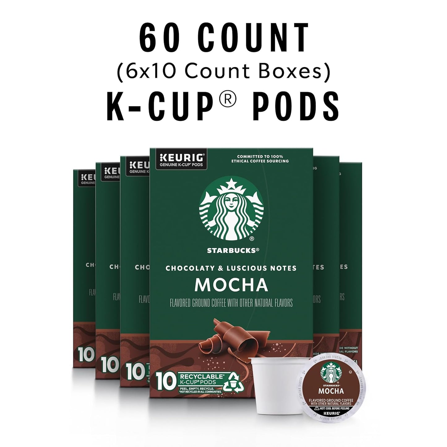 Starbucks K-Cup Coffee Pods, Mocha Flavored Coffee, Naturally Flavored, 100% Arabica, 6 boxes (60 pods total)