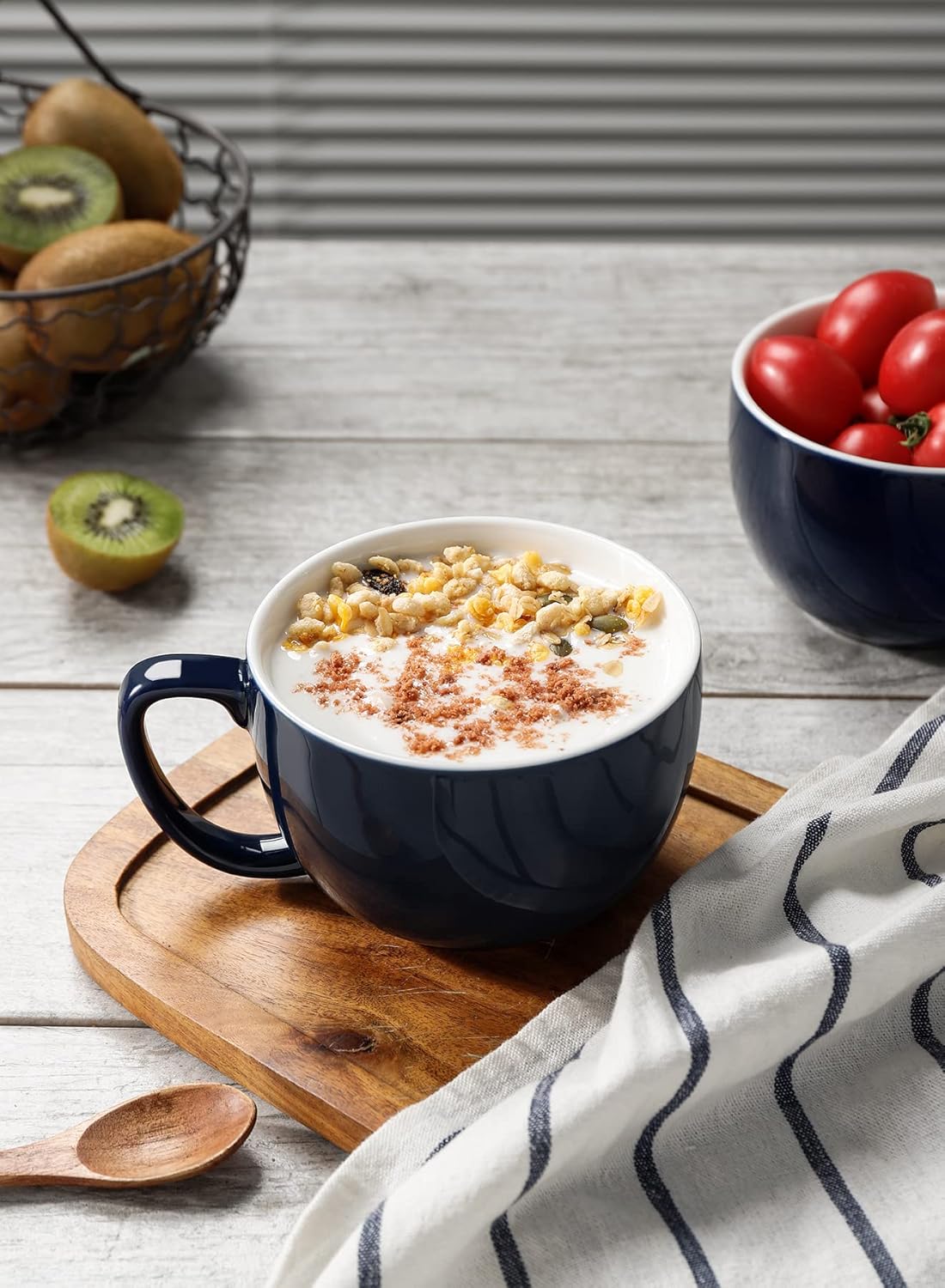 Teocera 16oz Large Coffee Mugs Set of 4 - Thick White Porcelain Cups for Cappuccino, Latte, Tea & Hot Chocolate - Dishwasher Safe Ceramic with Comfort Grip Handles（Navy