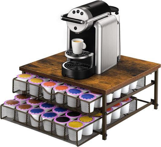 Coffee Pod Drawer Holder Coffee Pod Storage Organizer for Counter 2 Tier Coffee Pod Holder 72 Capacity Capsule Storage Rack with Sliding Baskets for Home Office (Brown)