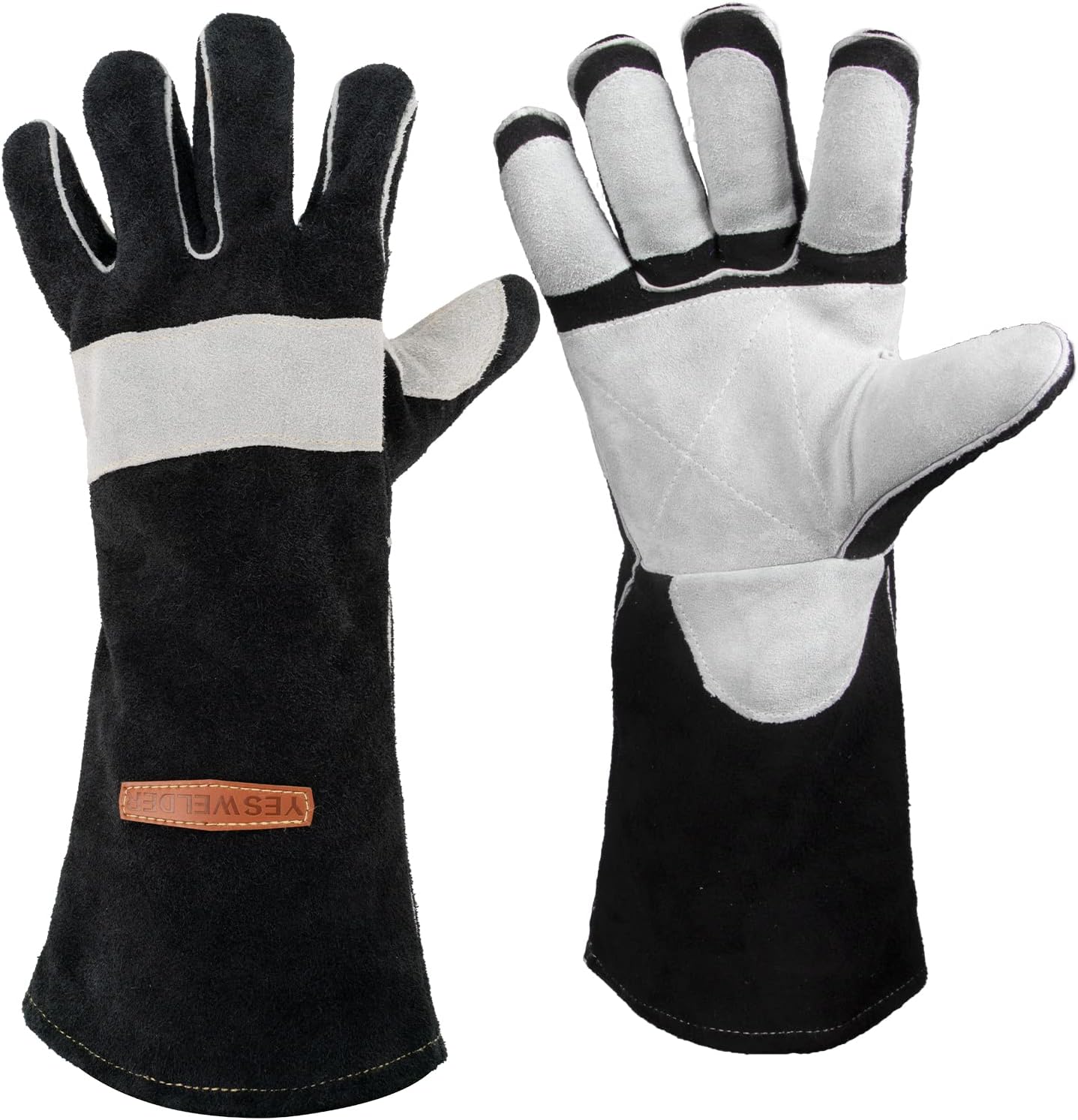YESWELDER 16 Inches,932℉,Leather Forge MIG Welding Gloves, with Kevlar Stitching Heat/Fire Resistant, Palm Reinforcements, Black-Gray