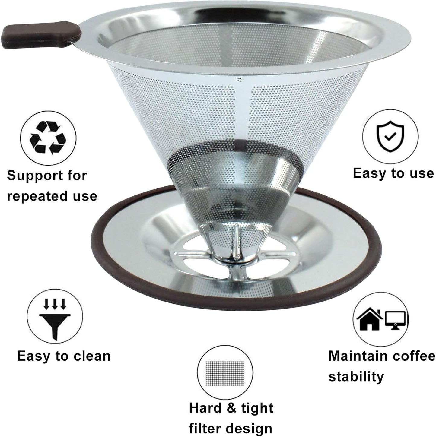 Waziaqoc Pour Over Coffee Dripper, Reusable Paperless Coffee Filter for 2-3 Cups, Stainless Steel Drip Cone Brew Coffee Strainer,Upgraded Double Micro Mesh Filter with Cup Stand