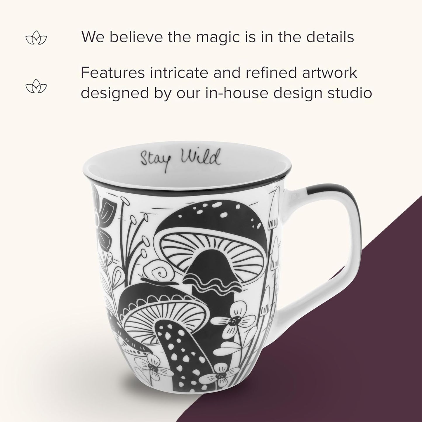 Karma Gifts 14 oz Black and White Boho Mug Mushroom - Cute Coffee and Tea Mug - Ceramic Coffee Mugs for Women and Men