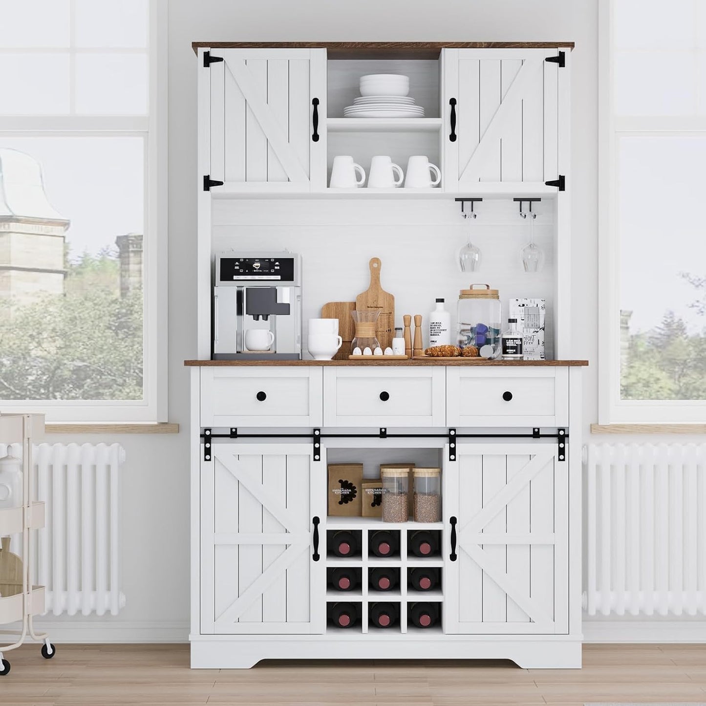4 EVER WINNER 72" Coffee Bar Cabinet with Sliding Barn Door & Wine Racks, Hutch Cabinet with Storage and 3 Drawers, Farmhouse Coffee Bar with Wine Glass Holder for Dining Room Kitchen, White