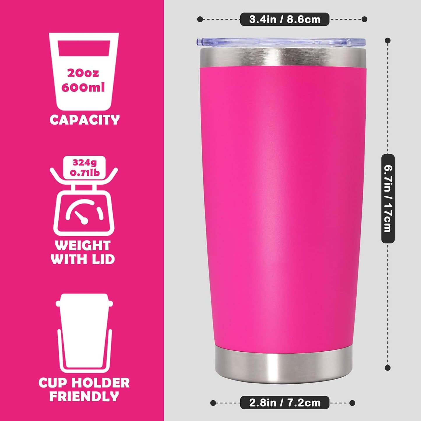 20oz Tumbler Bulk Stainless Steel Tumbler Cup with Lid Vacuum Insulated Double Wall Travel Mug, Durable Powder Coated Travel Coffee Tumbler Mug for Hot & Cold Drinks, Hot Pink,8 Pack