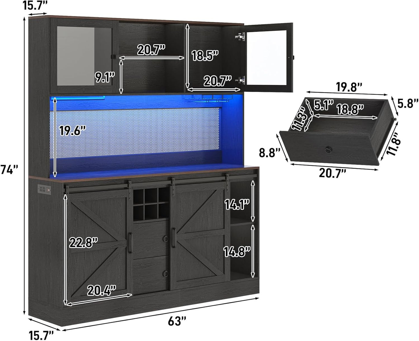 74" Tall 63" Wide Larg Bar Cabinet w/ Outlet,6000-color LED Light,Pegboard,Farmhouse Hutch Bar Cabinet w/Barn Door,2 Big Drawers,Adjustable Shelves,10 Wine & Glasses Rack,5 Hook for Kitchen,Black