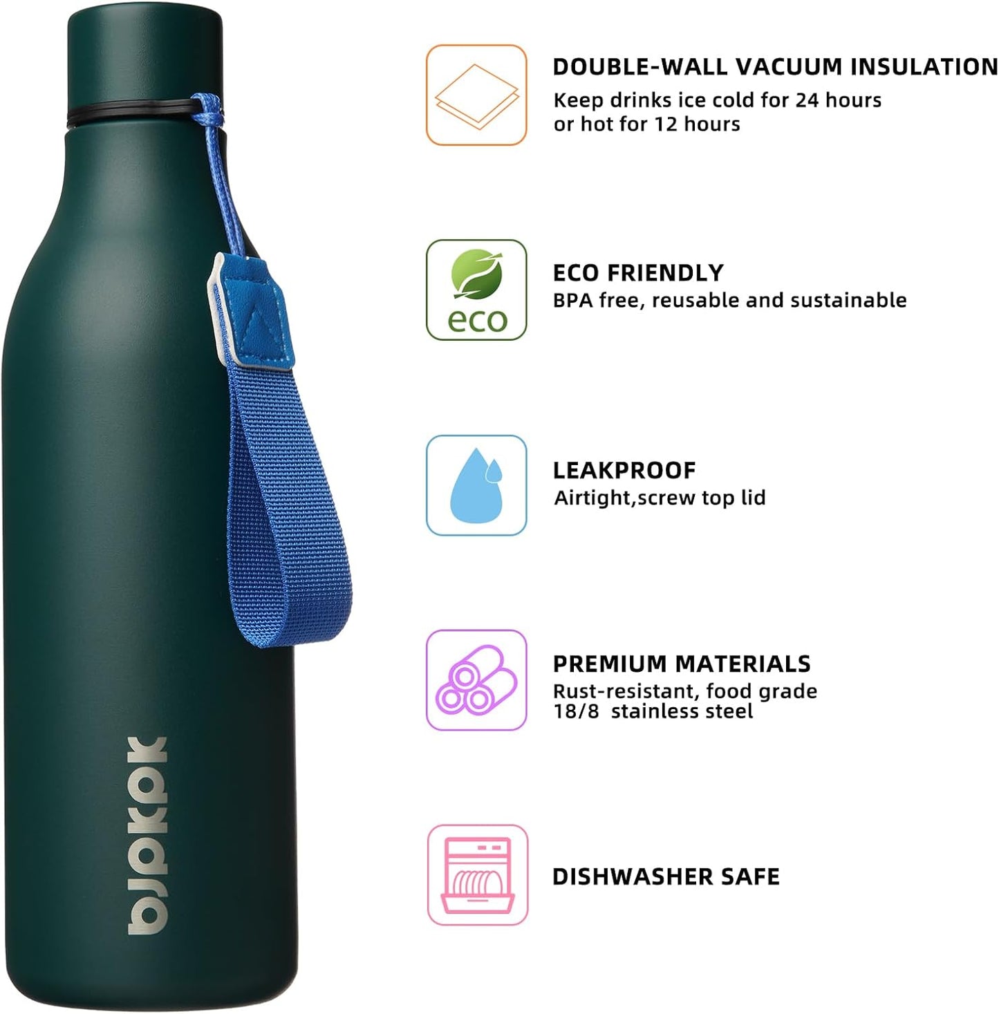 BJPKPK Insulated Water Bottles, 25 oz Stainless Steel Metal Water Bottle with Strap, BPA Free Leak Proof Thermos, Mugs, Flasks, Reusable Water Bottle for Sports & Travel, Army Green