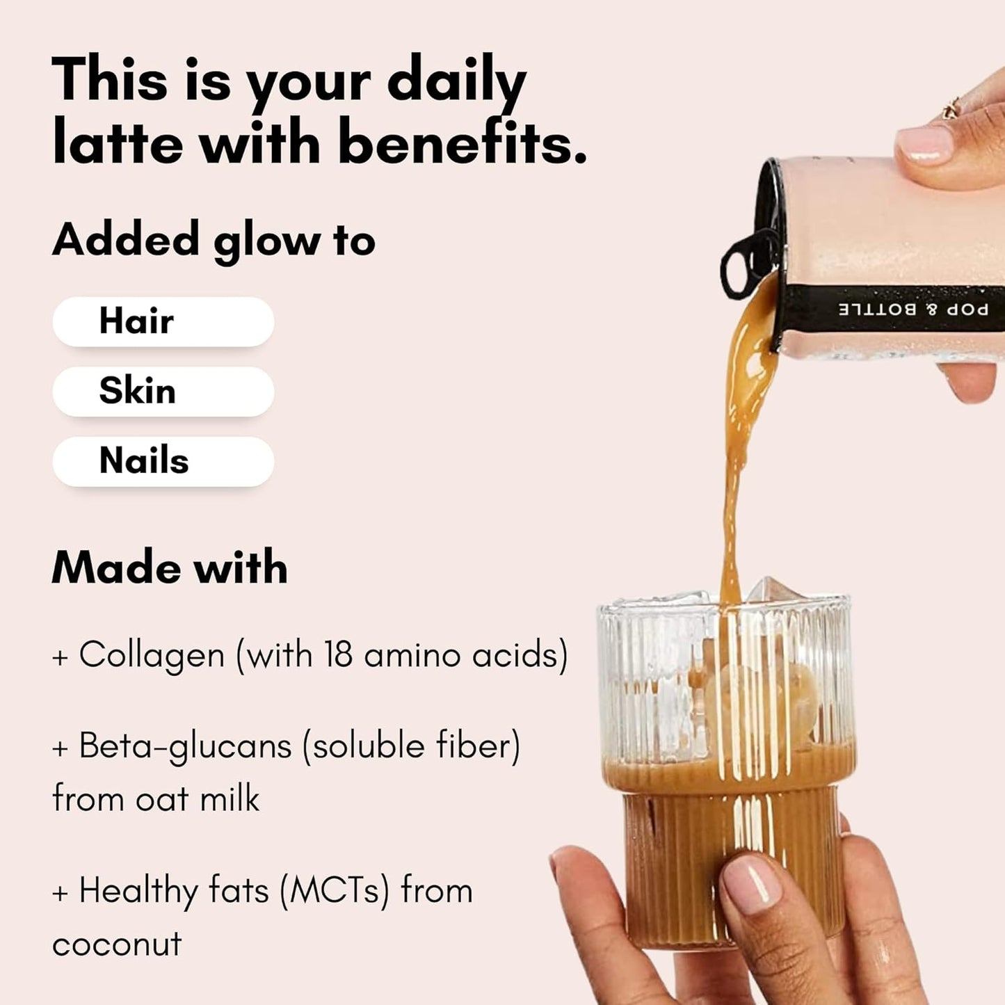 Pop & Bottle, Oat Milk Lattes - Cold Brew with Sustainably Sourced Marine Collagen, MCT Oil, Oat Milk, Organic, Dairy Free, Gluten Free, Great as Iced Coffee, Lightly Sweetened with Dates - Vanilla, 8 Fl Oz (12 Pack)