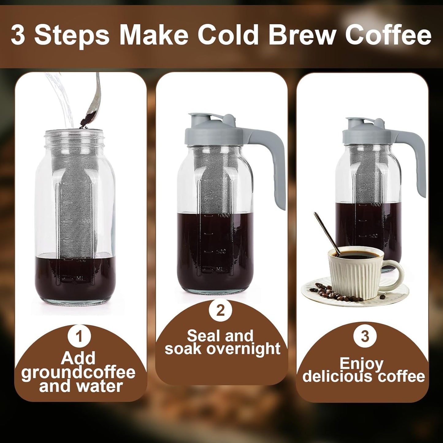 Cold Brew Coffee Maker Pitcher,64 Oz Heavy Duty Glass Mason Jar Pitcher with V-shaped Pour Spout Handle Lid,Stainless Steel Filter for Iced Coffee,Iced tea,Fruit Drinks,lemonade - Gray