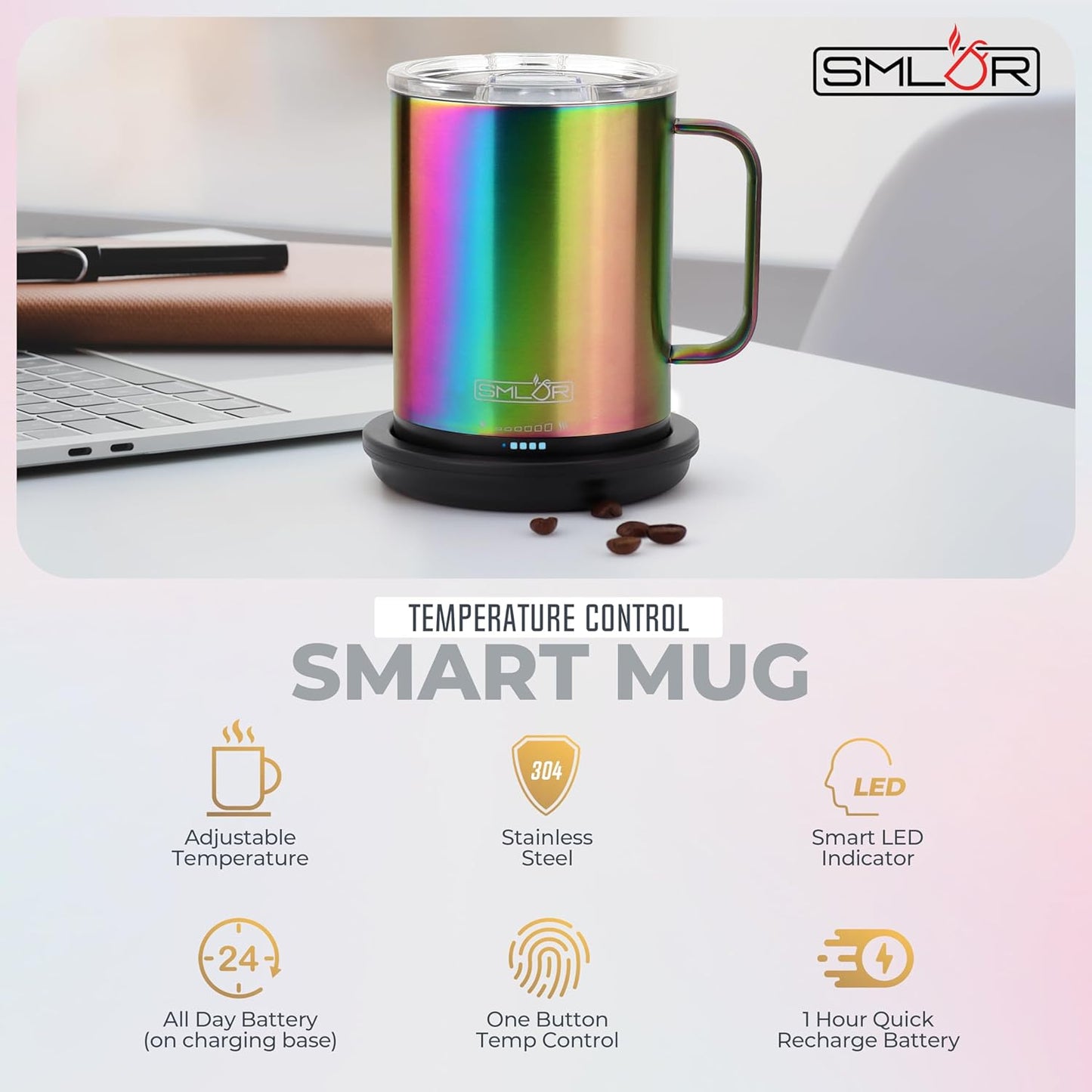 SMLDR Pro Heated Mug, 14 oz Smart Mug, Self-Heating, Adjustable Temperature, Battery Powered Heated Coffee Mug, Quick Recharge Time, Great for Coffee & Tea, Excellent Gift (Rainbow)