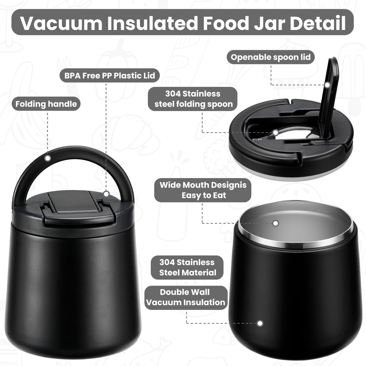 20oz Insulated Vacuum Food Jar with Buckle Lid,Soup Thermo for Hot Food Kids,Wide Mouth Leakproof Stainless Steel Lunch Container with Spoon-Black