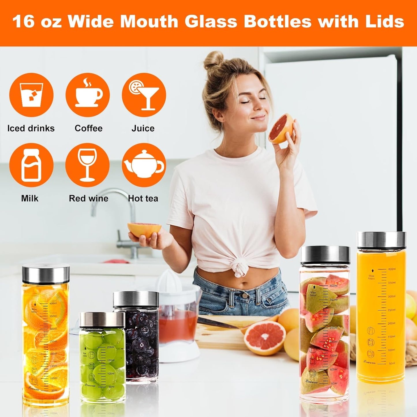 Glass Juice Bottles 6 Pack 16 oz - Wide Mouth Glass Water Bottles with Lids - for Juicing, Protein, Smoothie, Milk, Reusable, BPA Free, Stainless Steel Lids, Blender, Shaker Bottle (16oz/500ml)