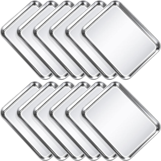 12 Pcs Baking Sheet Pan Set 9 x 6.7 x 1 Inches Cookie Sheet Small Toaster Oven Pans Stainless Steel Tray Barbecue Grill Pan Rectangle Trays Oven, Non-stick, Easy Clean