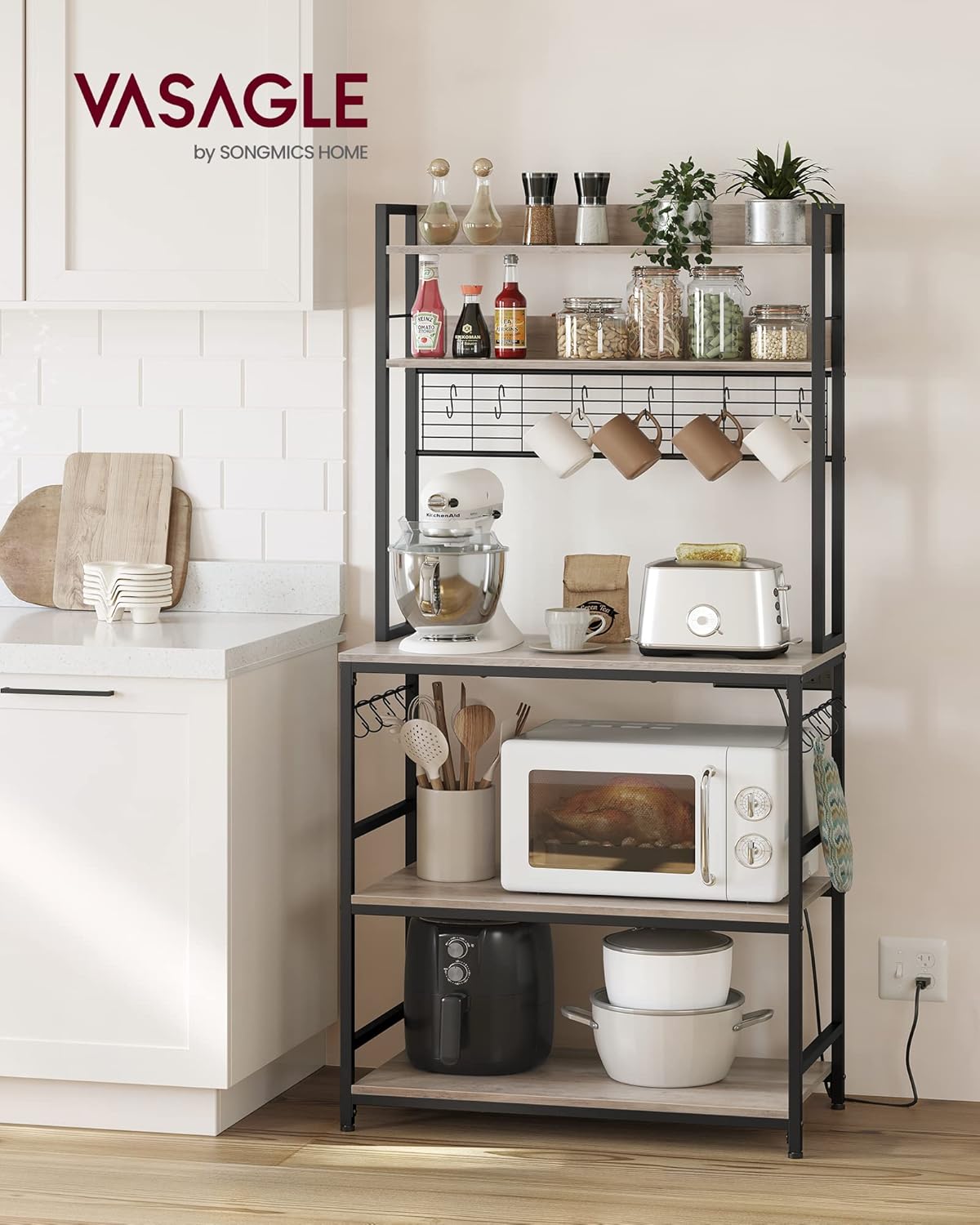 VASAGLE Hutch Bakers Rack with Power Outlet, 14 Hooks Microwave Stand, Adjustable Coffee Bar with Metal Wire Panel, Kitchen Storage Shelf, 15.7 x 31.5 x 66.9 Inches, Greige and Black UKKS025B02