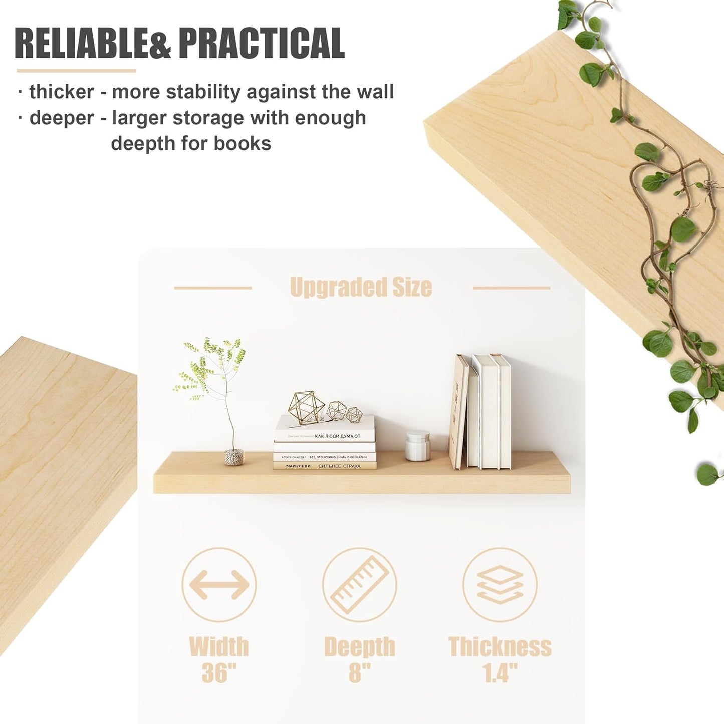 Floating Shelves for Wall, USA-Sourced Maple Wood 36 Inch Long Wall Shelves Set of 2, Natural Wooden Mounted Picture Ledge Shelf, Nursery Book Storage Shelf Kids Bookshelf, Display Shelf