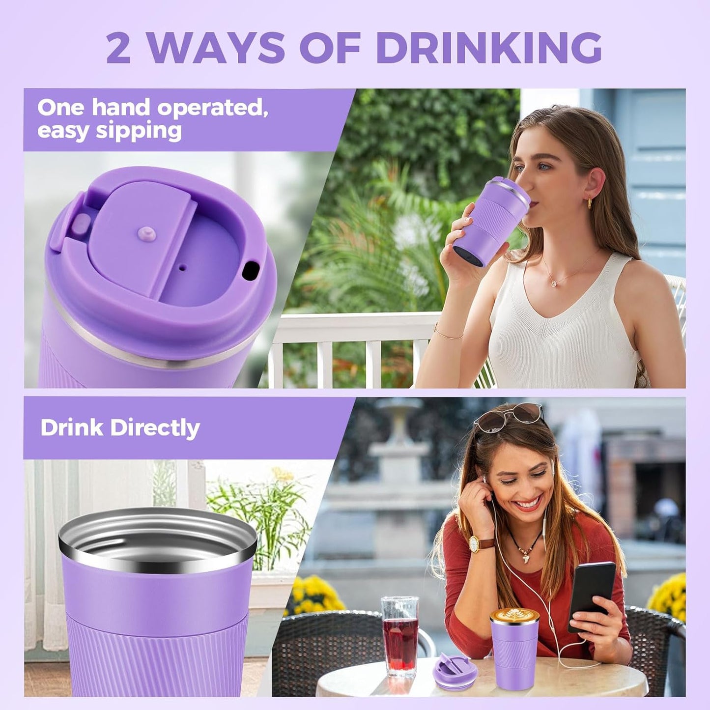 Volhoply 13 oz Stainless Steel Insulated Travel Coffee Mug with Fip Lid Bulk 4 Pack,Reusable Double Wall Vacuum Metal Coffee Cup,Portable Leak Proof Thermal Tumbler for Hot & Cold Drinks(Purple,4)
