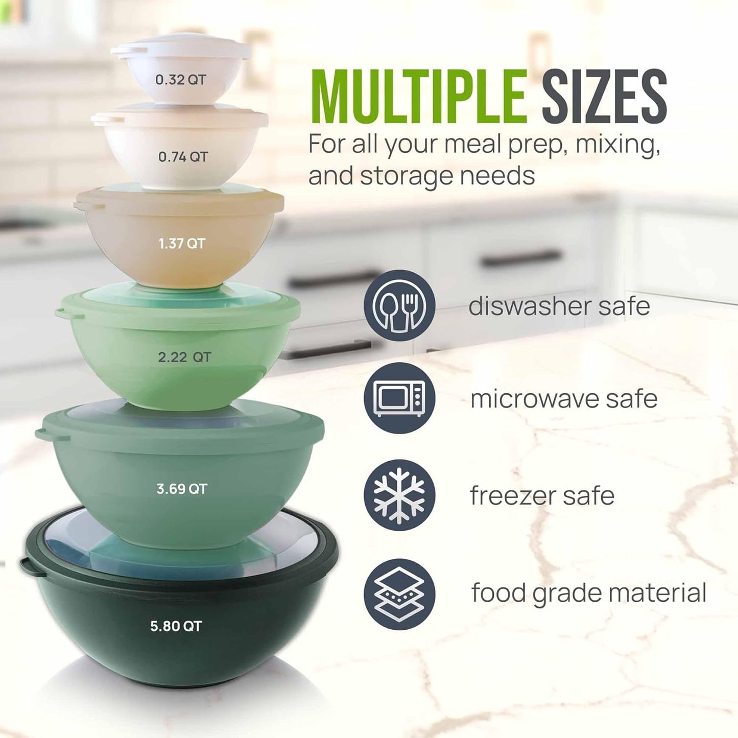 Zulay Kitchen 12 Piece Plastic Mixing Bowls with Leak-Proof Lids Set - Microwave and Freezer Safe Kitchen Mixing Bowls for Preparing, Serving and Storing - Large Nesting Bowls (Forest Ombre)