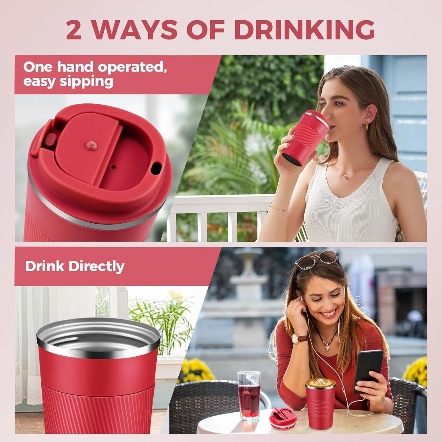 Volhoply 13 oz Stainless Steel Insulated Travel Coffee Mug with Fip Lid Bulk 4 Pack,Reusable Double Wall Vacuum Metal Coffee Cup,Portable Leak Proof Thermal Tumbler for Hot & Cold Drinks(Red,4)