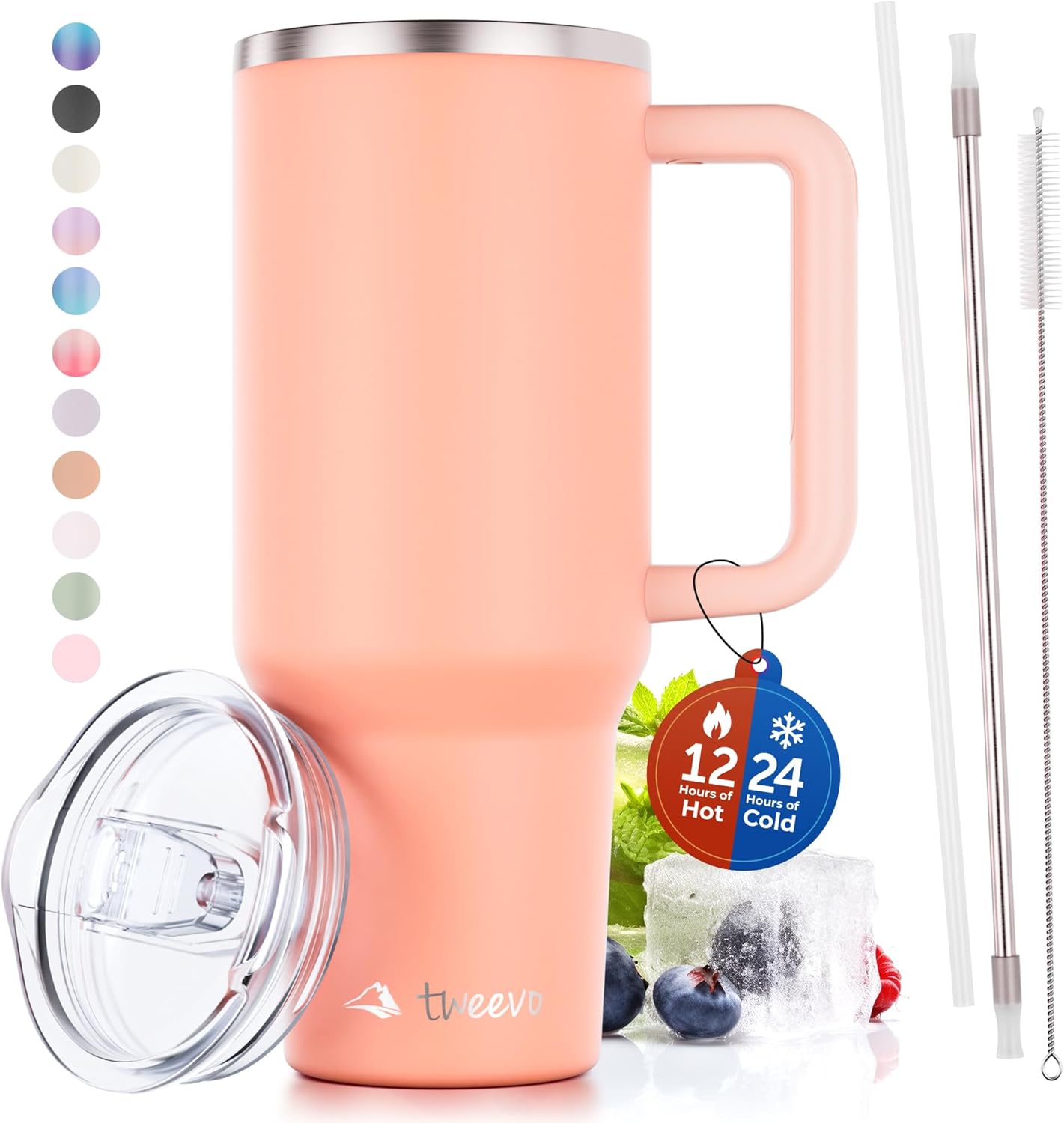 40 oz Tumbler With Handle and Straw Made of Stainless Steel - Double Wall Vacuum Insulated Tumbler With Lid - Sweat Proof Easy Grip, BPA-Free, Dishwasher Safe Tumbler (Peach)