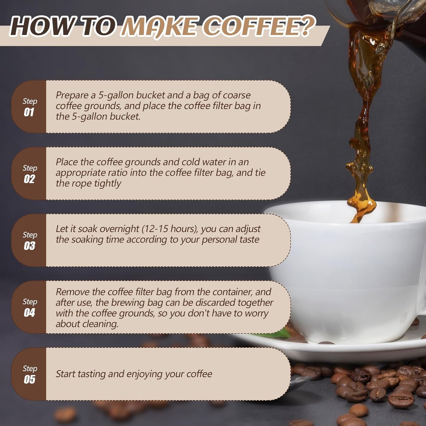 50 Pcs 11.5" x 13" Commercial Home Cold Brew Coffee Filter Bags with Drawstring, Disposable for Commercial Home Cold Brew Coffee Makers