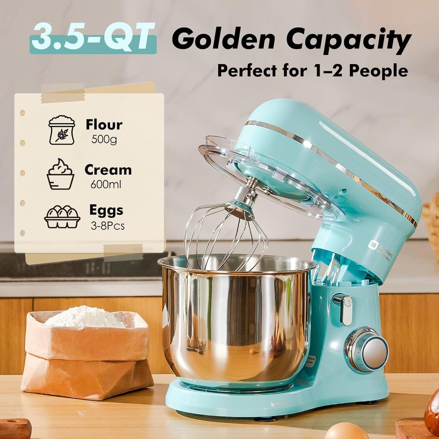 Kitchen in the Box Stand Mixer, 3.5 QT Small Electric Kitchen Mixer, 10-Speed Portable Lightweight Food Mixer with Stainless Steel Bowl, Egg Whisk, Dough Hook, Beater (Sky Blue)