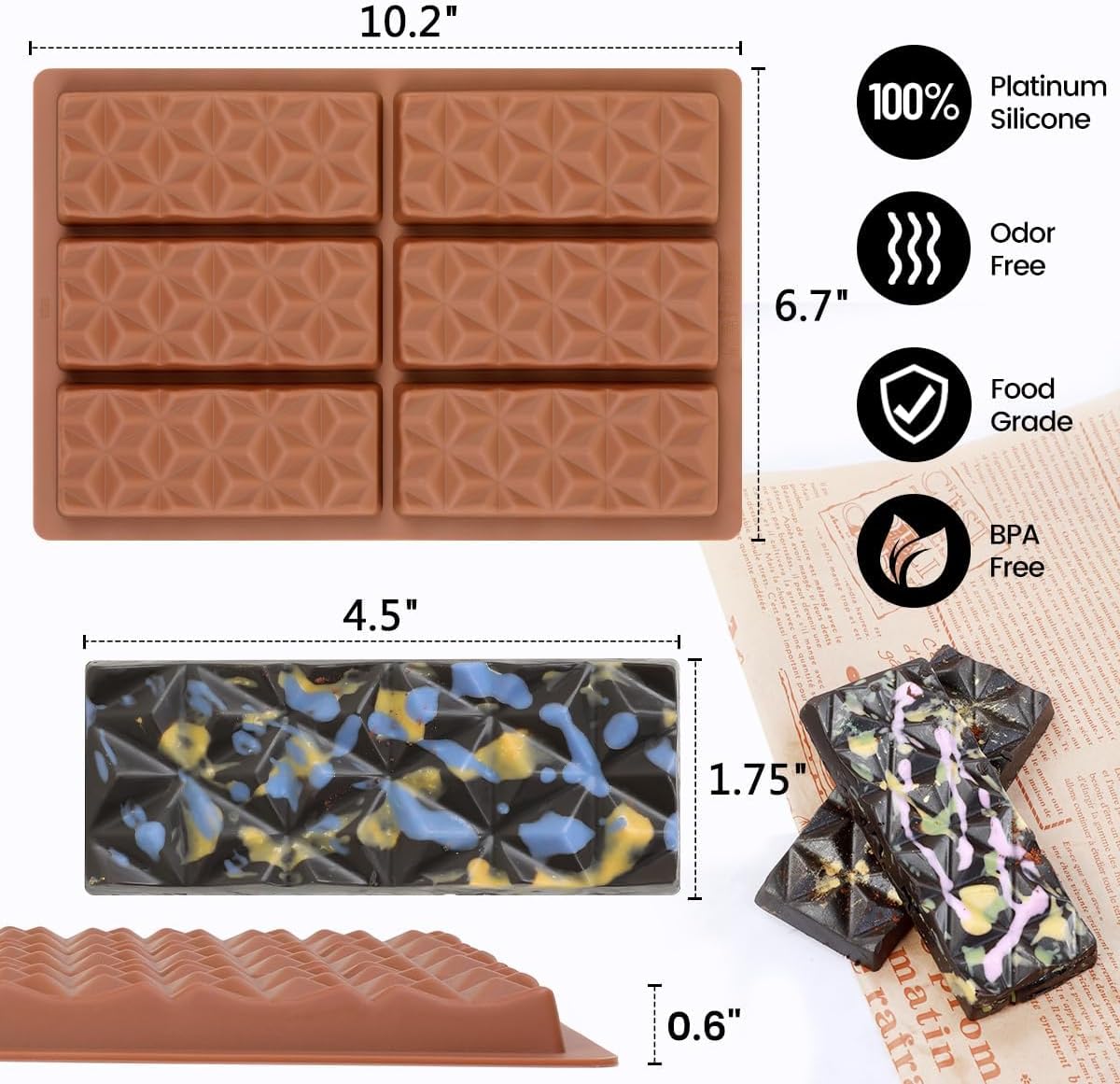 Chocolate Bar Molds Deep Silicone Break-Apart Chocolate Nonstick Protein and Energy Bar Mold Thick Candy Bar Mold Wax Melt Mold 3 Pack
