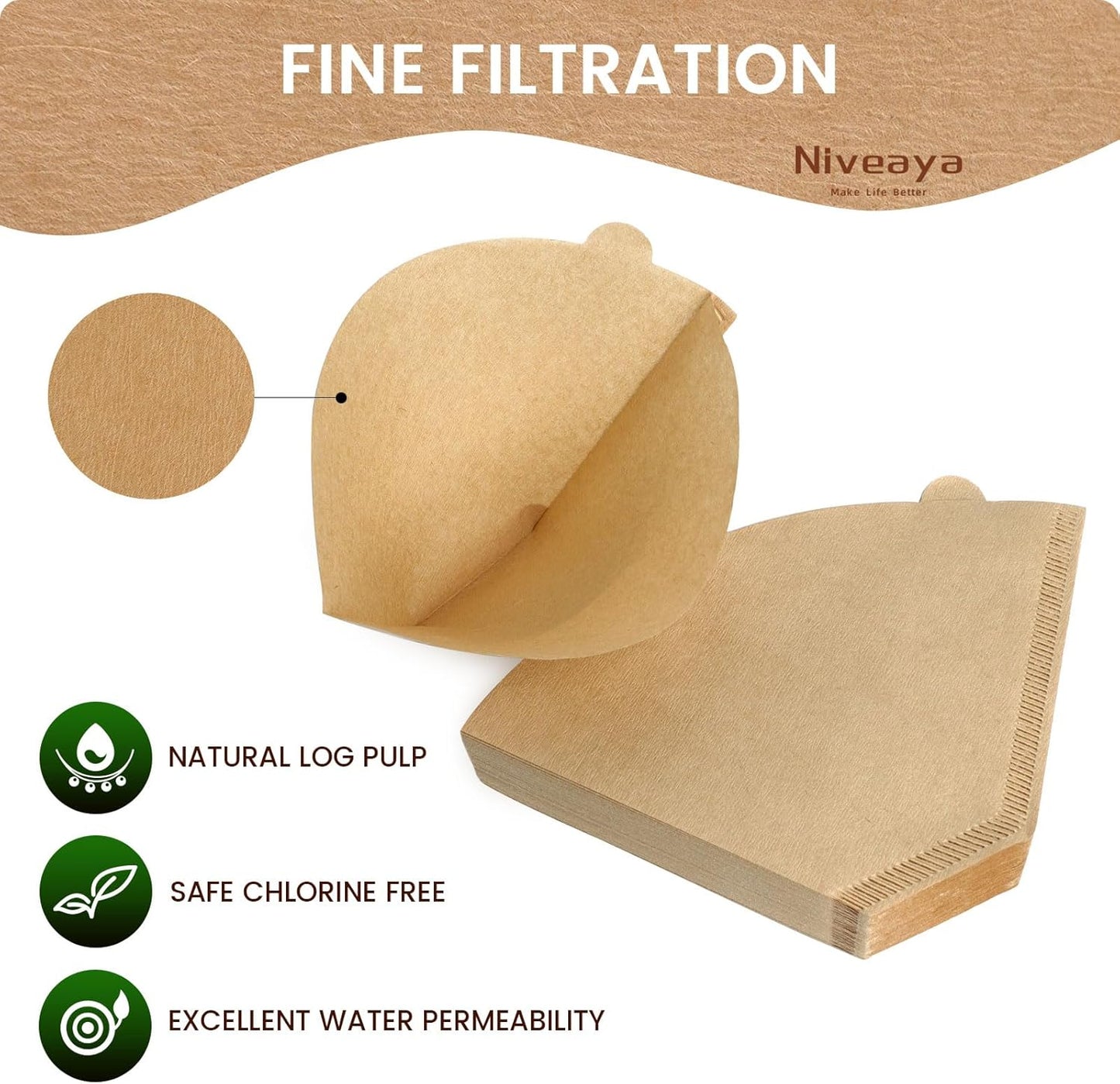 Niveaya Coffee Filters 8-12 cup - 200 Count, Size #4 Unbleached Natural Brown, Disposable for Pour Over and Drip Coffee Maker