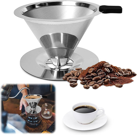 Pour Over Coffee Dripper-Stainless Steel Coffee Filter,Reusable Drip Cone Coffee Filter Portable Pour for 1-4 Cup (With Base, M)