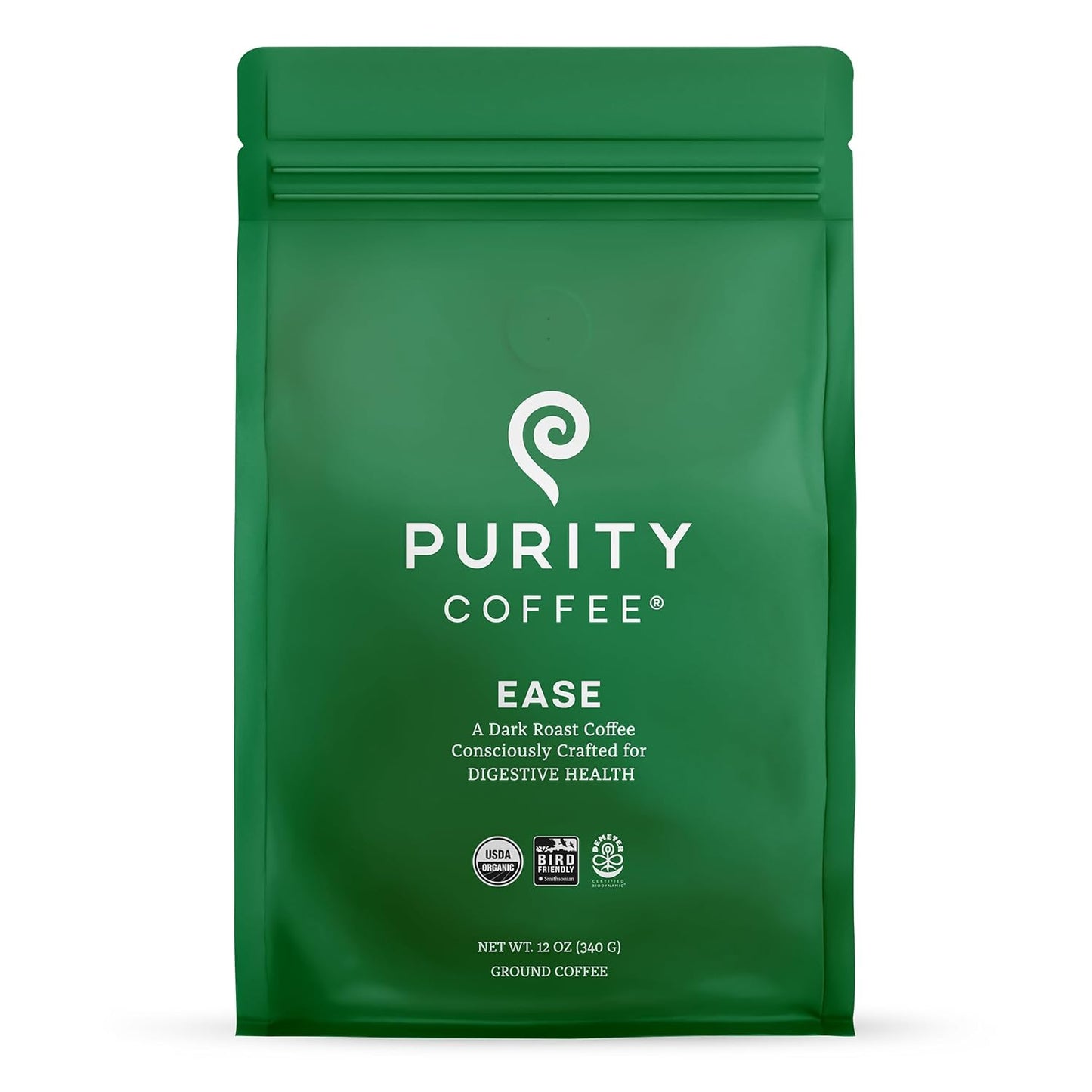 Purity Coffee EASE Dark Roast Ground Coffee for Low Acidity - USDA Organic and Third-Party Tested for Antioxidants, Mold, Mycotoxins and Pesticides - 12oz (Purity Ease, dark_roast) | Ground| EASE