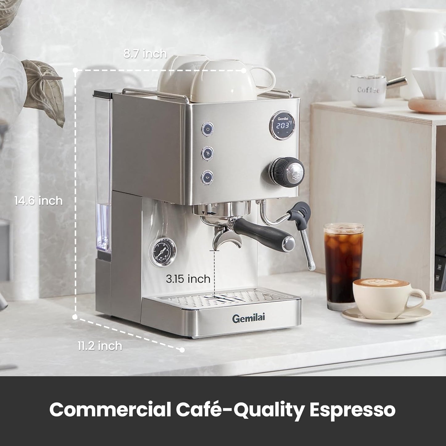 Espresso Machine, 15 Bar Coffee Maker with 1450W Boiler, Milk Frother Steam Wand, Professional Espresso Maker with 57oz Removable Water Tank for Latte, G3007L, Brushed Stainless Steel