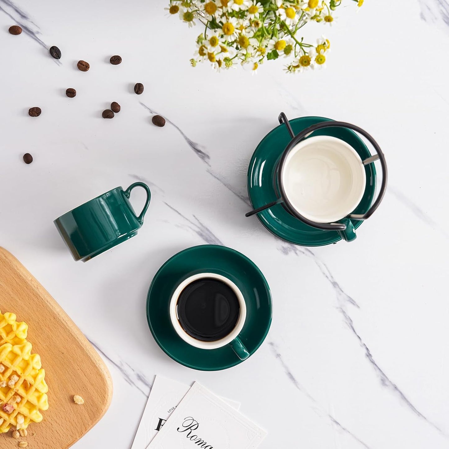 8oz Porcelain Stackable Cappuccino Cups with Saucers and Metal Stand Set of 4, Coffee Cups for Espresso, Specialty Coffee Drinks, Latte, Americano and Tea - Green