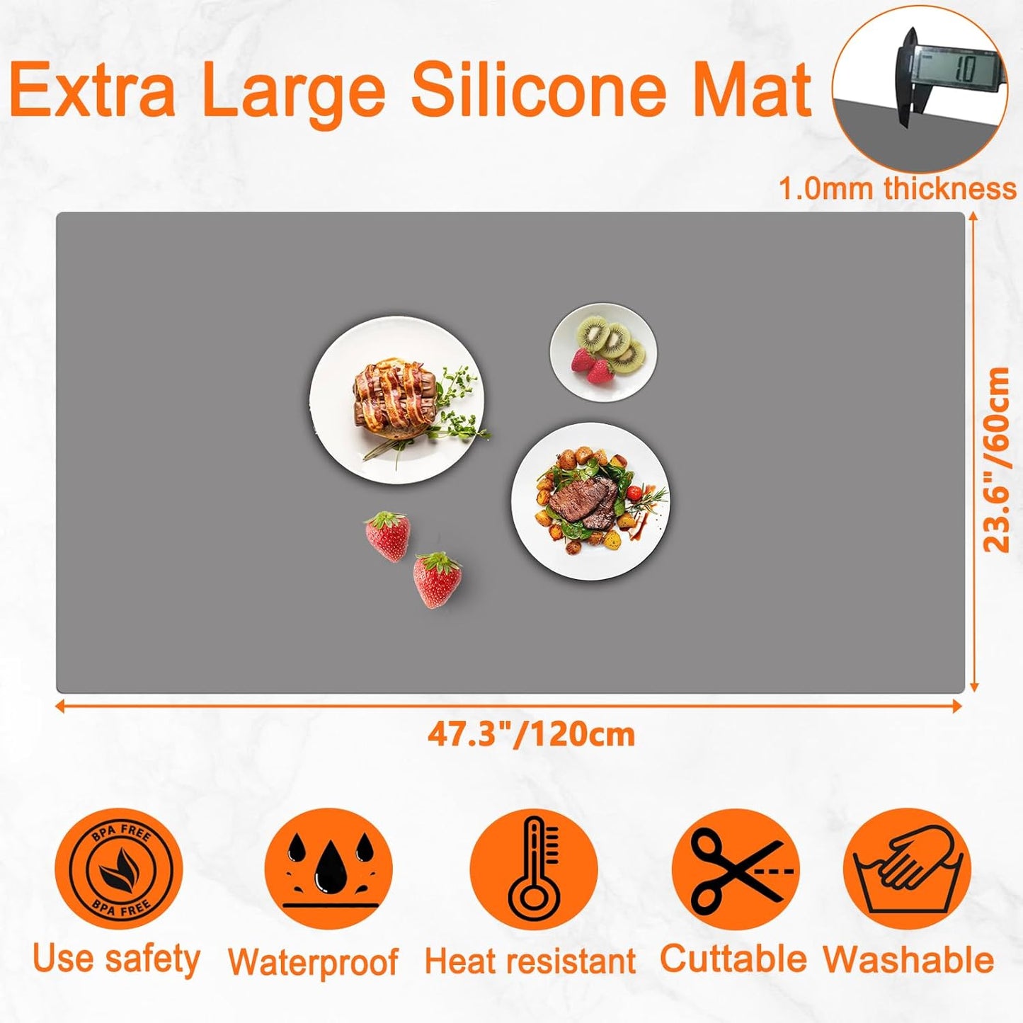 47.3''x23.6''(120cmx60cm) Extra Large Silicone Mat for Kitchen Counter, Heat Resistant Countertop Protector, Non-Slip Waterproof Kitchen Island Mat, Easy to Clean, Light Gray
