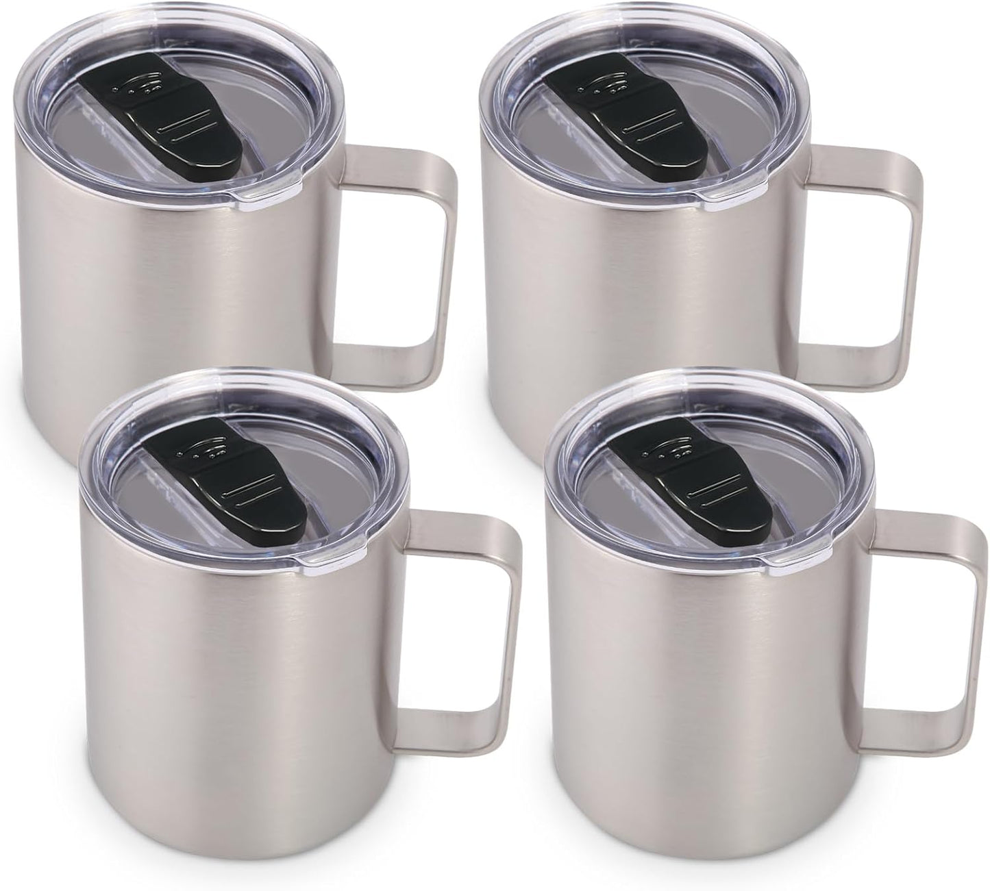 Volhoply 14oz Insulated Stainless Steel Coffee Mug with Lid Bulk 4 Pack,Double Wall Vacuum Travel Coffee Cup with Handle,Reusable Metal Cups Tumbler,Camping Mugs Keep Hot,Ideal Gifts(Silver,4)