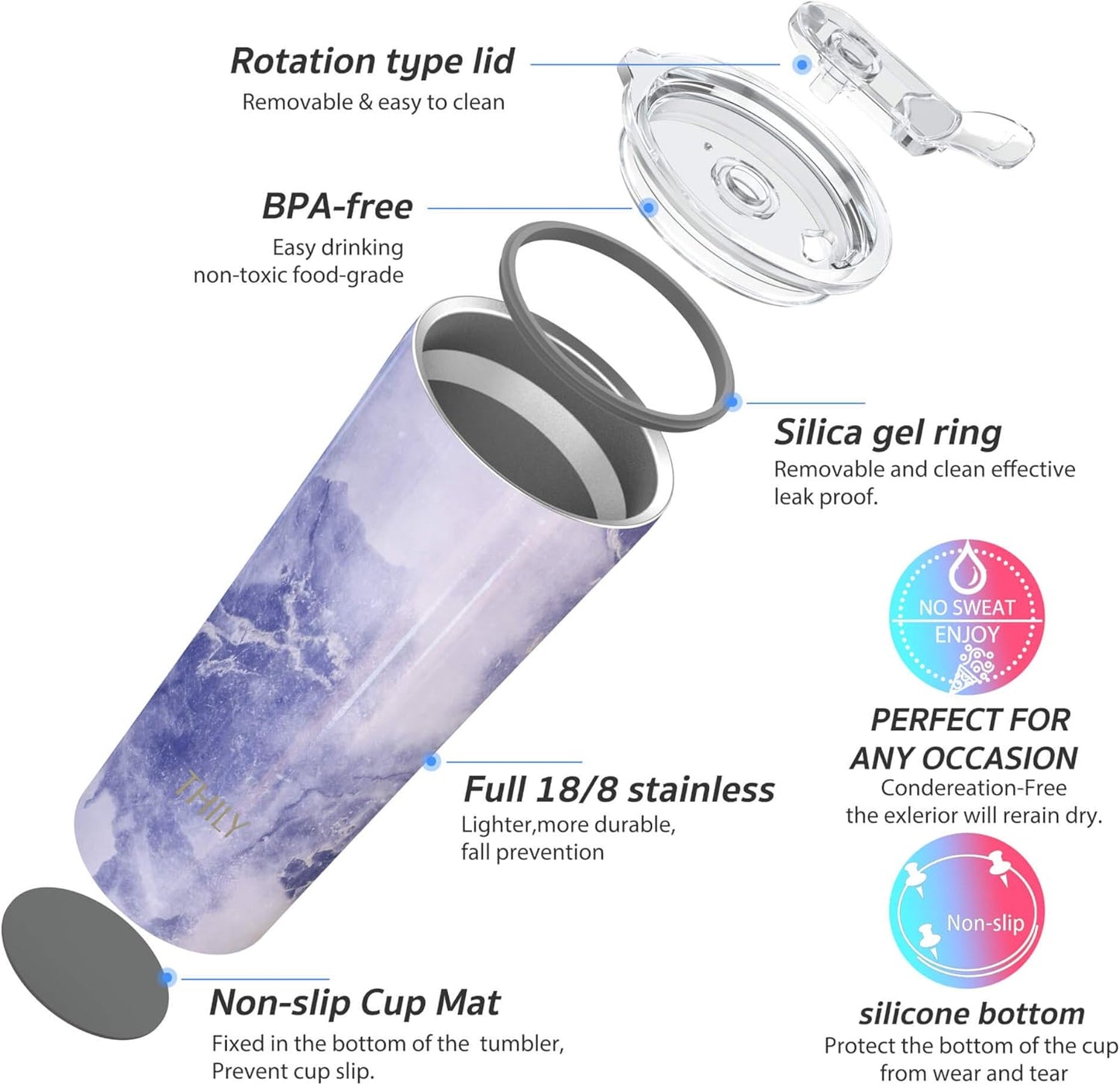 THILY Stainless Steel Vacuum Insulated Tumbler Travel Mug 26 oz Coffee Cup with 2 Lids and Straws, Splash Proof, Keep Ice Drinks Cold, Blue Marble