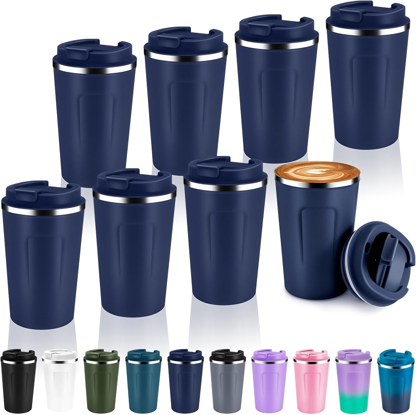 Volhoply 12 oz Double Wall Insulated Vacuum Travel Coffee Mug with Flip Lid Bulk 8 Pack,Reusable Stainless Steel Leak Proof Coffee Cup,Portable Cafe Thermal Tumblers for Hot & Cold Drinks(Navy,8 Set)