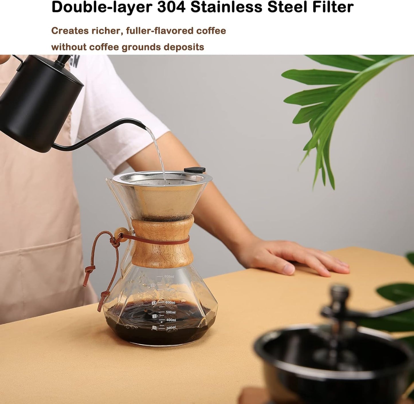 Pour Over Coffee Maker with Reusable Stainless Steel Filter, 27 oz Borosilicate Glass Coffee Carafe, Wooden Collar, Coffee Maker Carafe, Hold 4-6 Cups, 800 ml, Clear