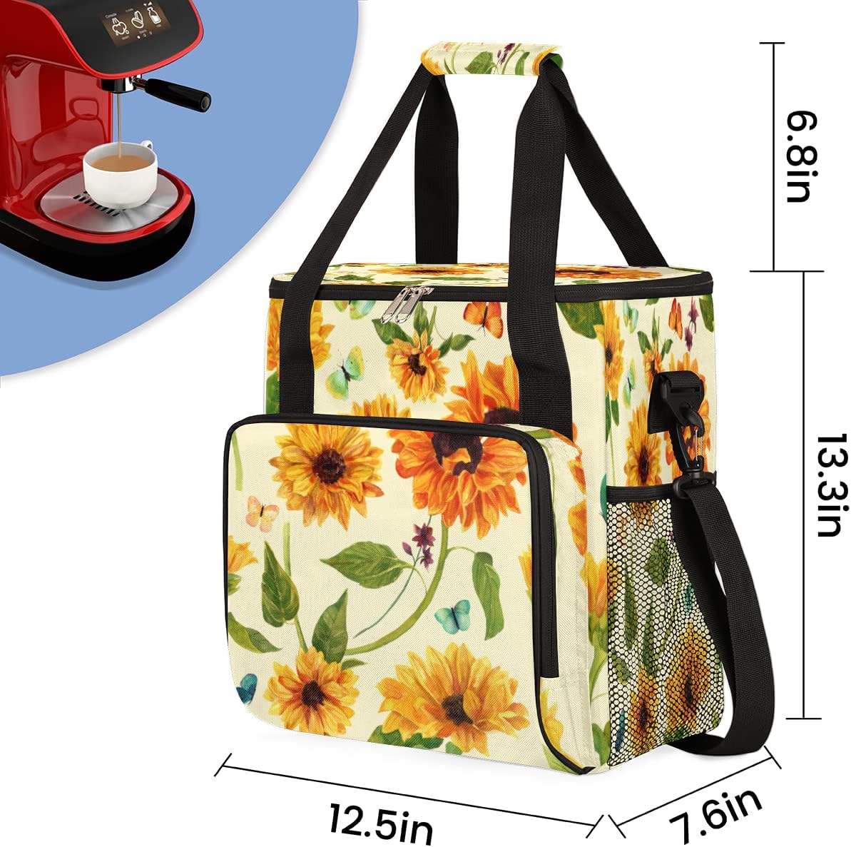 Sunflower Coffee Maker Carring Bag Flower Leaves Travel Storage Tote Bag Compatible with Keurig K-Mini or K-Mini Plus Portable Single Serve Coffee Brewer Case with Pockets for K-cup Pods