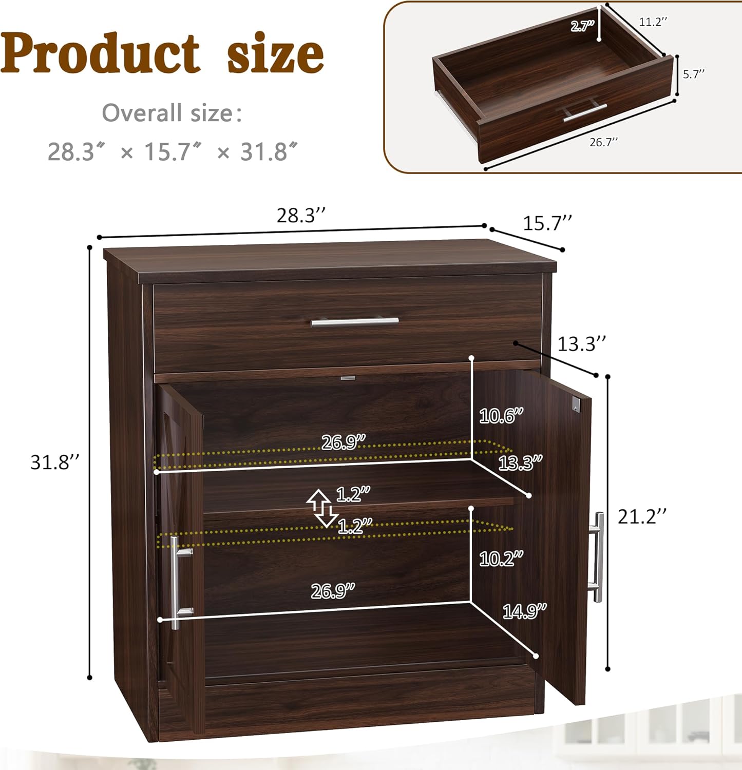 Vongrasig Sideboard Buffet Cabinet with Storage, Modern Kitchen Storage Cabinet with 1 Drawer and 2 Doors, Wood Coffee Bar Buffet Table for Kitchen, Dining Room, Rustic Brown