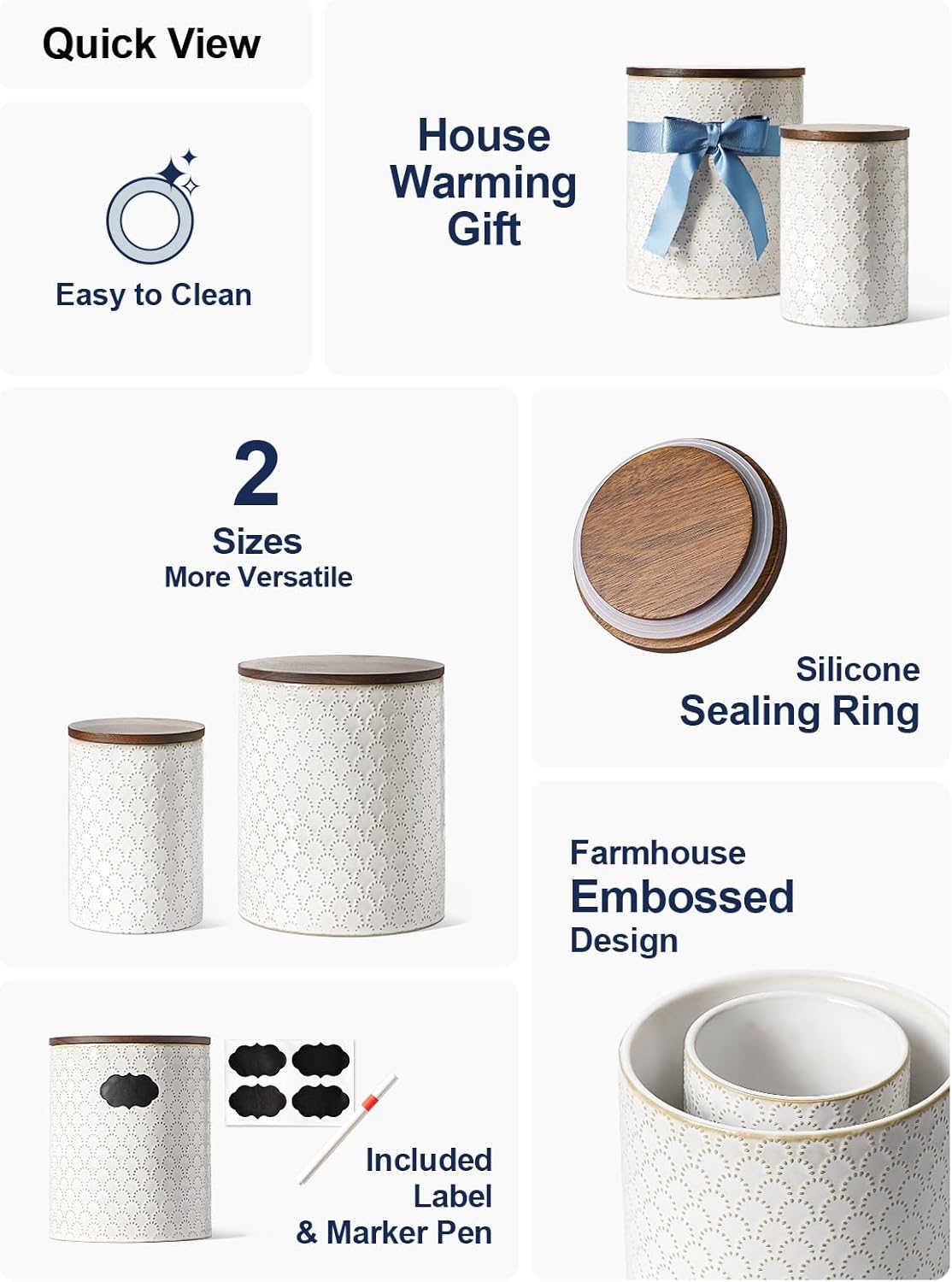 LE TAUCI Food Storage Containers with Airtight Lids, 78/25 oz Ceramic Sugar Canisters Sets, Embossed Large Jars for Pasta, Oats, Coffee Bean, Cookies, Rice, Grains, Tea - Set of 2, Fireworks