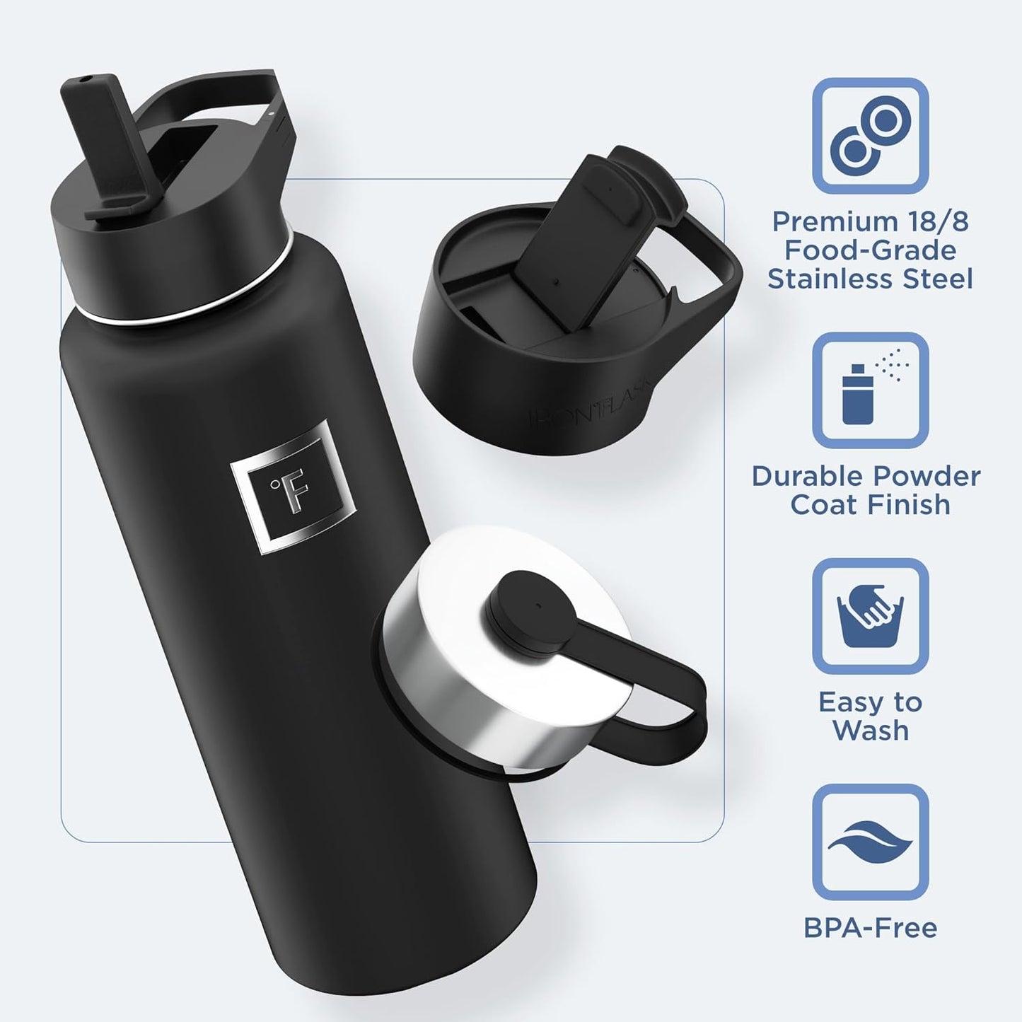 IRON °FLASK Camping & Hiking Hydration Flask with 3 Lids - Stainless Steel, Double Walled & Vacuum Insulated Water Bottle - Leak Proof & BPA Free (Lavender, Straw - 40 oz)