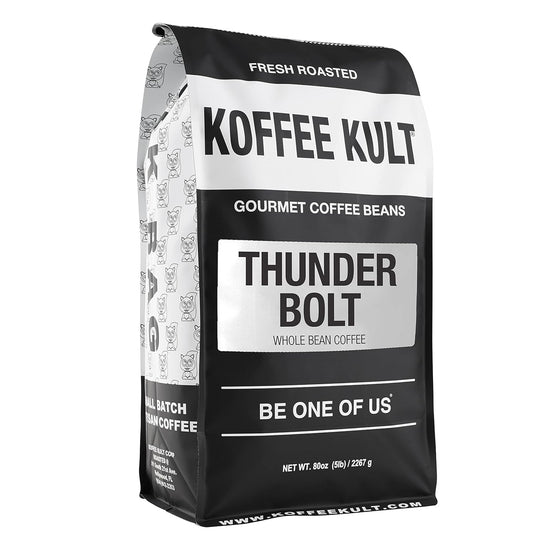 Koffee Kult Thunder Bolt Dark French Roast Whole Bean Coffee - Small Batch 100% Arabica Gourmet Blend, Bold and Well Balanced, 80oz Resealable Package