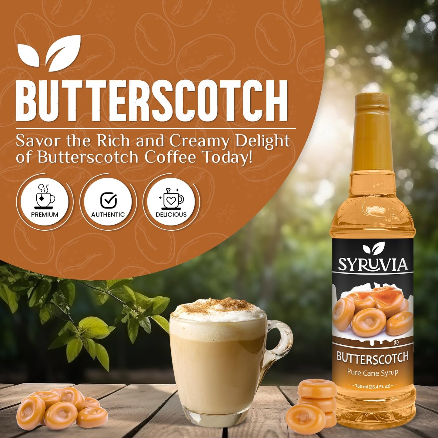 Syruvia Glazed Donut & Butterscotch Coffee Syrup - 25.4 fl oz Premium Coffee Flavoring Syrup. No Coloring, Kosher, and Gluten-Free. Perfect for Drinks, Sodas, Shakes, Desserts, & More.